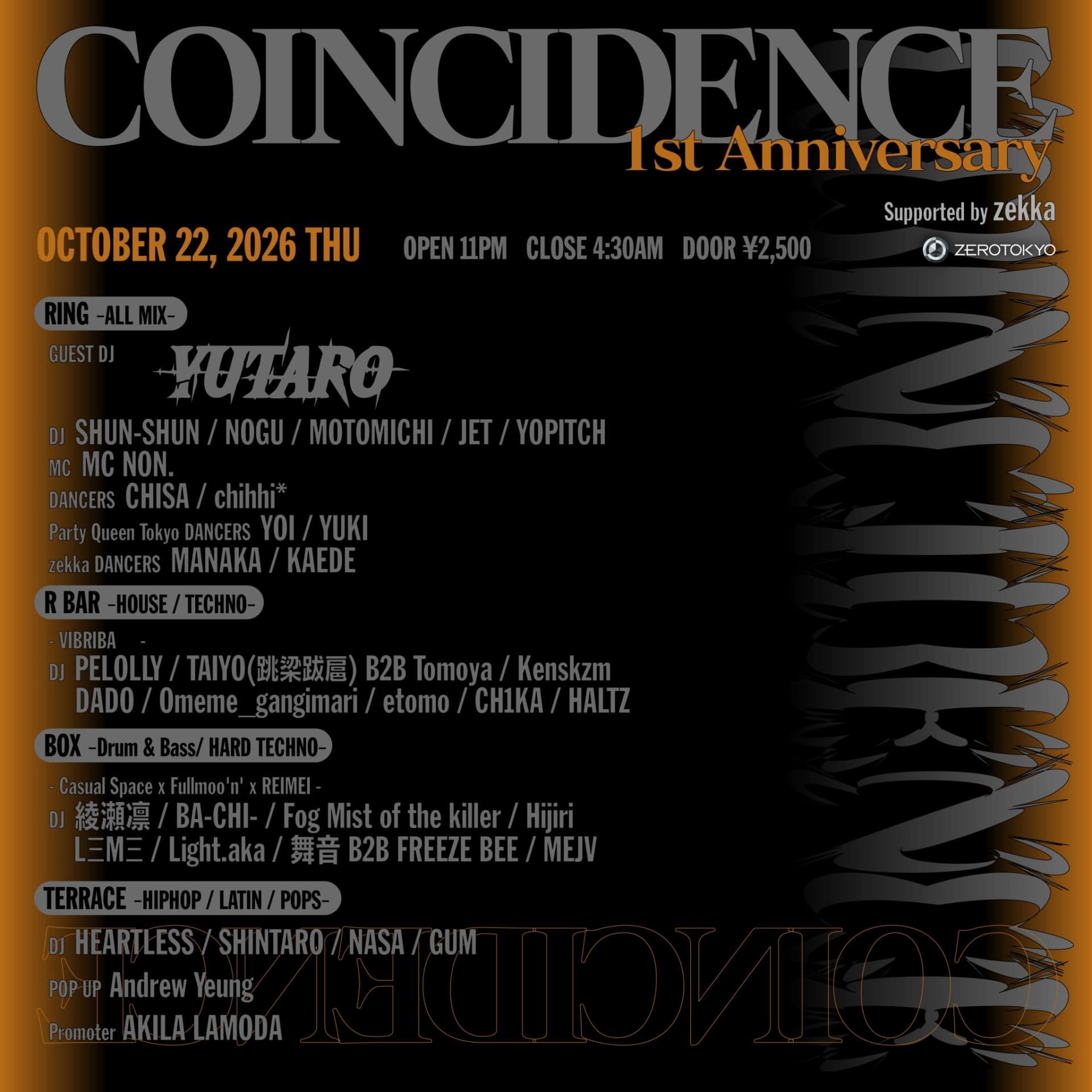 COINCIDENCE – 1st Anniversary- Supported by zekka flyer
